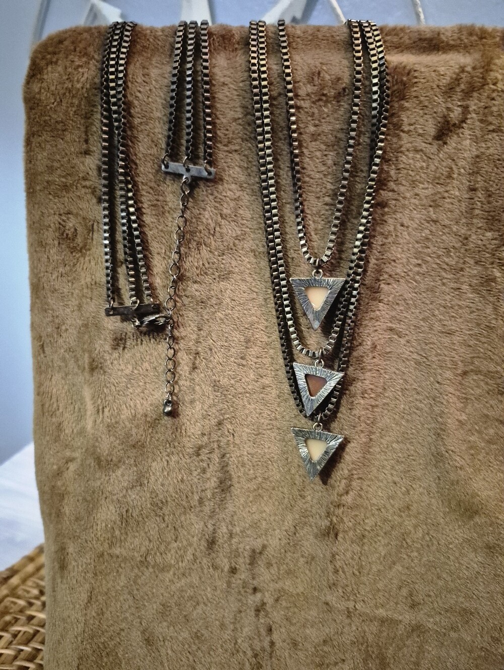 Tri-Tone Triangle Pendant Layered Necklace - Rust, Brown, Cream - Picture 3 of 5